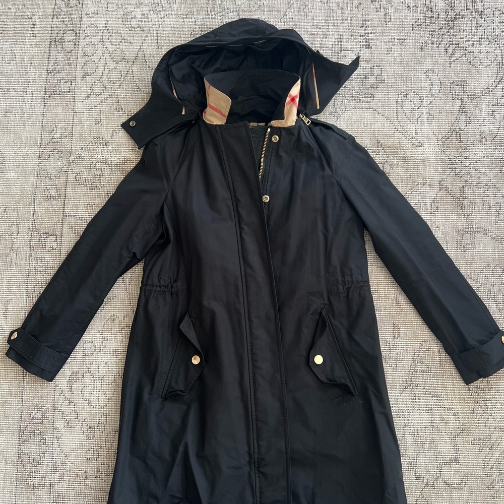 Authentic Burberry Black Rain Coat with removable hood and removable vest